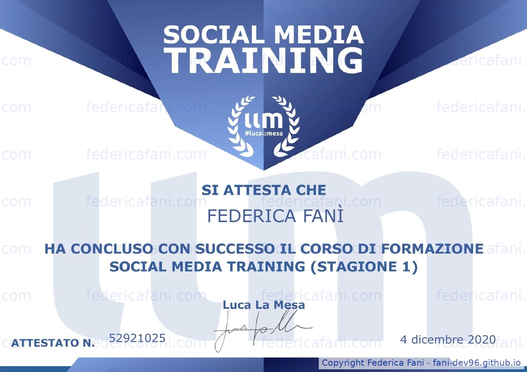 Certificato Social Media Training — Stagione 1