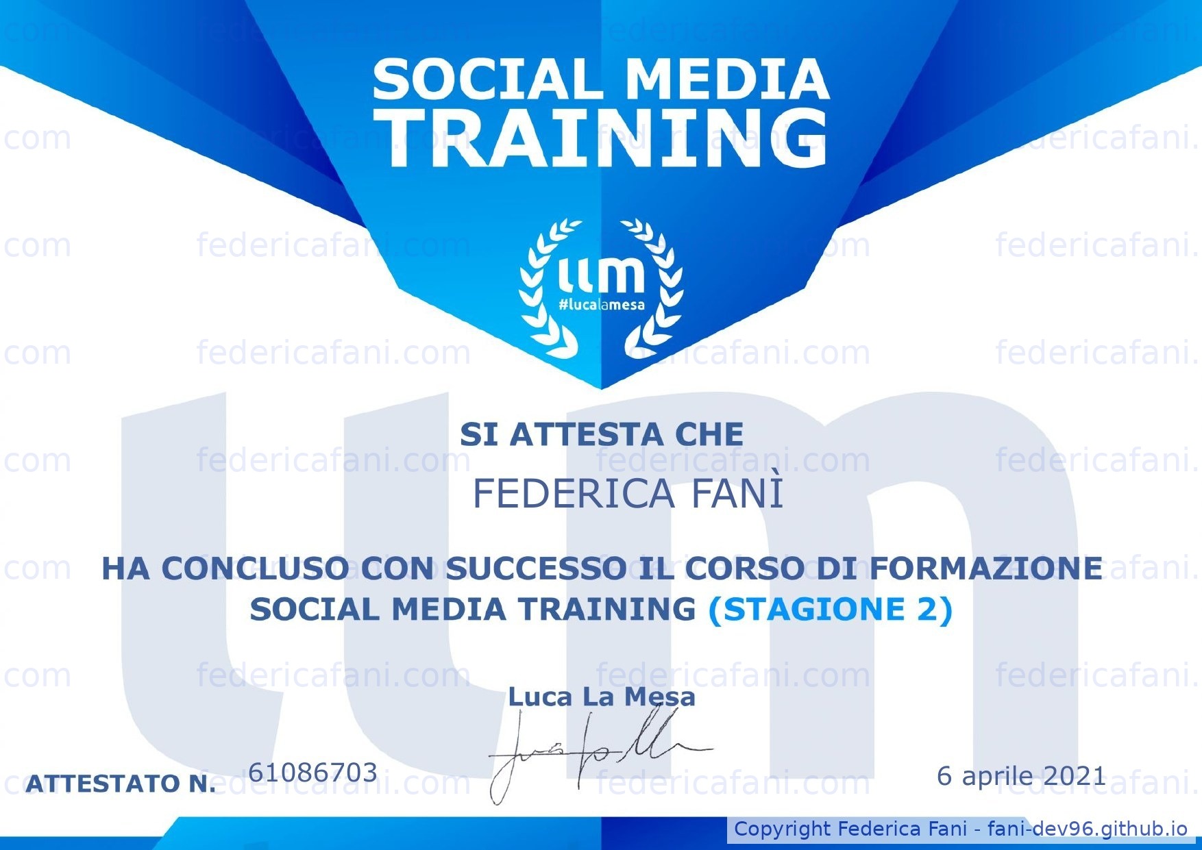 Certificato Social Media Training — Stagione 2