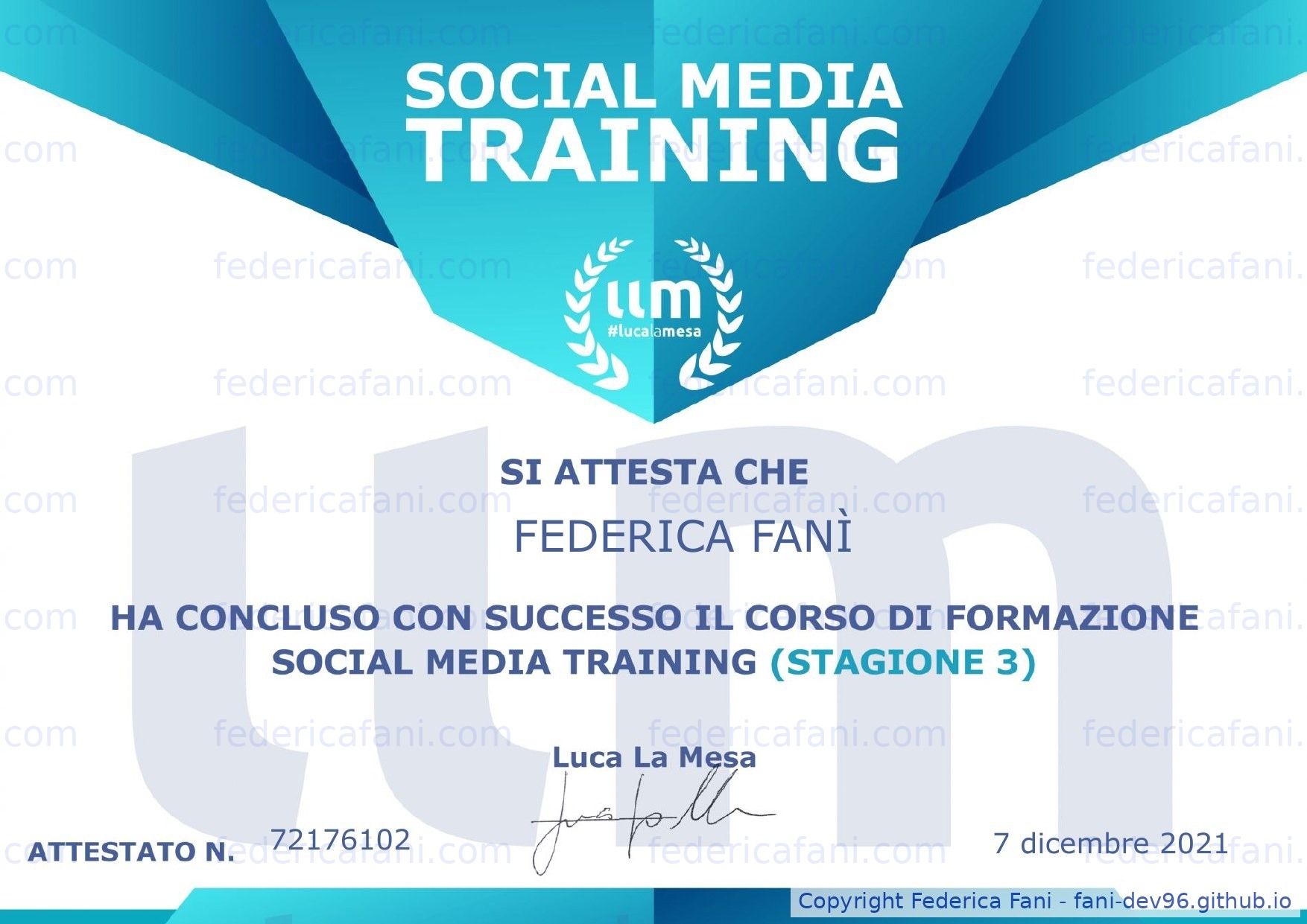 Certificato Social Media Training — Stagione 3